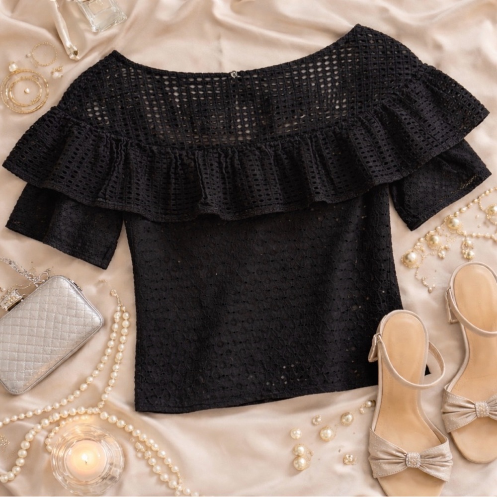 J.Crew Black Eyelet Ruffle Blouse Romantic Feminine Top Size O